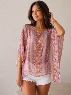 Ella Moss Floral Silk Tunic Blouse Meadow Persimmon M